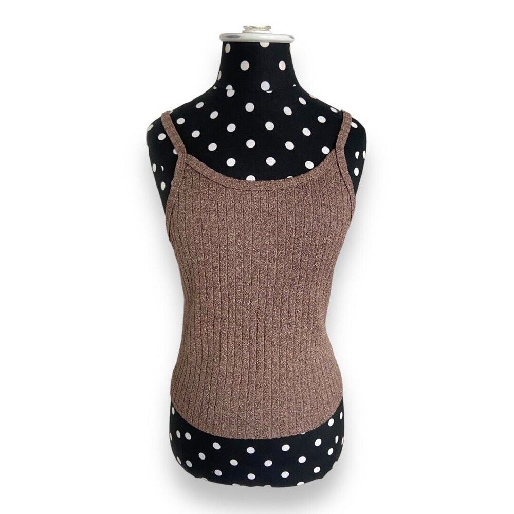 Vintage Metallic Bronze Ribbed Knit Tank Top‎ Y2K Stretch Cami XS S